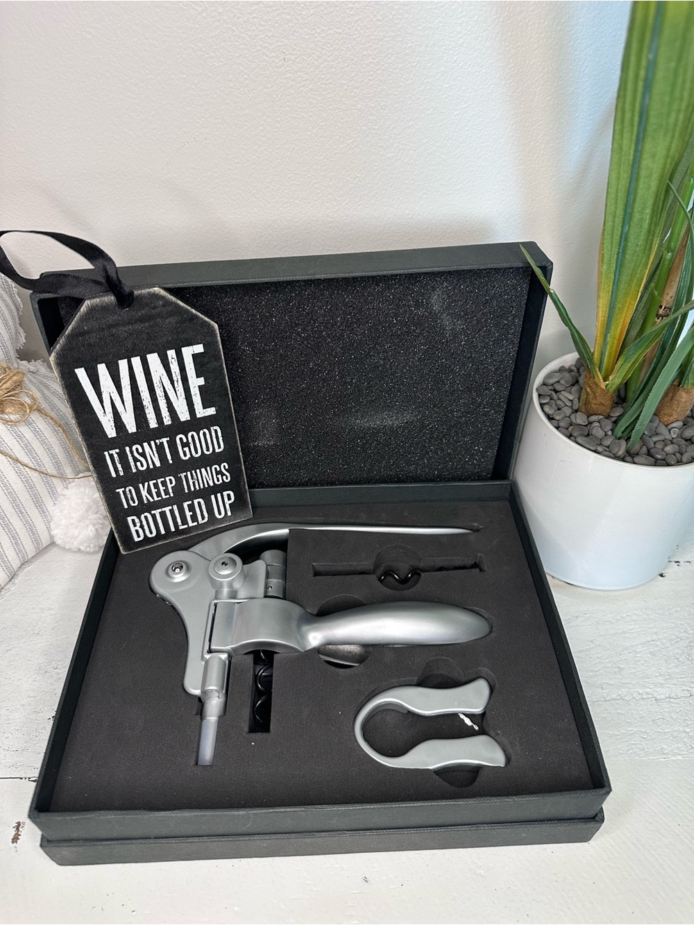 Silver Lever Corkscrew Wine Opener Set and Wall sign Bundle